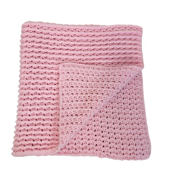 Handmade Light Pink Cable Knit Crochet Baby Blanket Throw Wrap 35"x34" Square - Picture 2 of 9